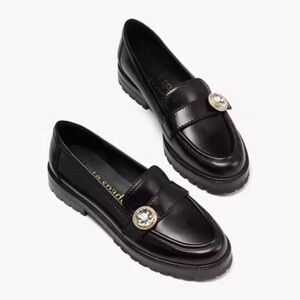 kate spade Black Leather Loafers with Decorative Medallion